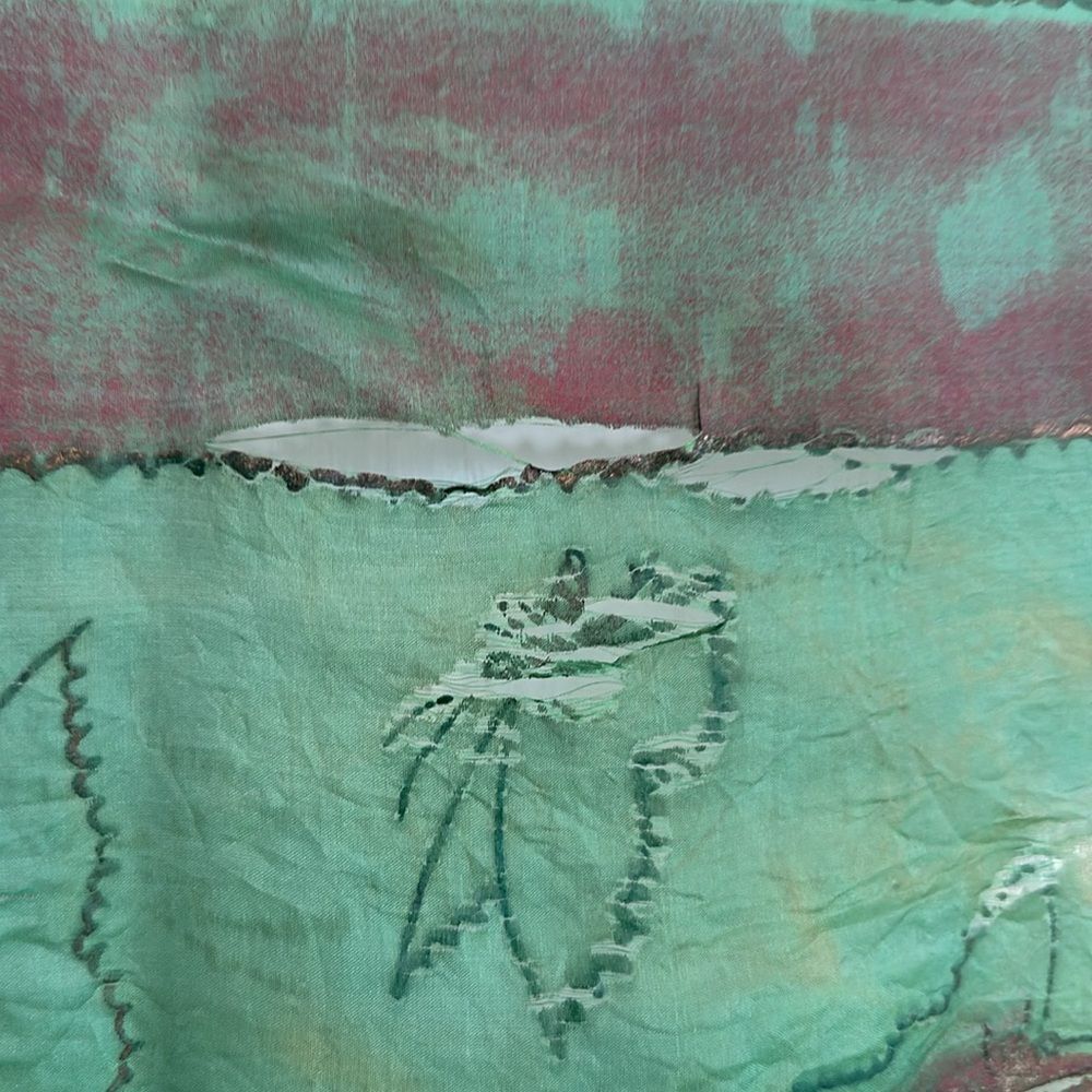 Vtg Brico 5 1/2 Momme green silk artsilk scarf painted with butterflies- AS IS - Picture 11 of 11